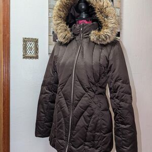 Y2K Women's Brown Down feather Coat with Fur Trim Hood